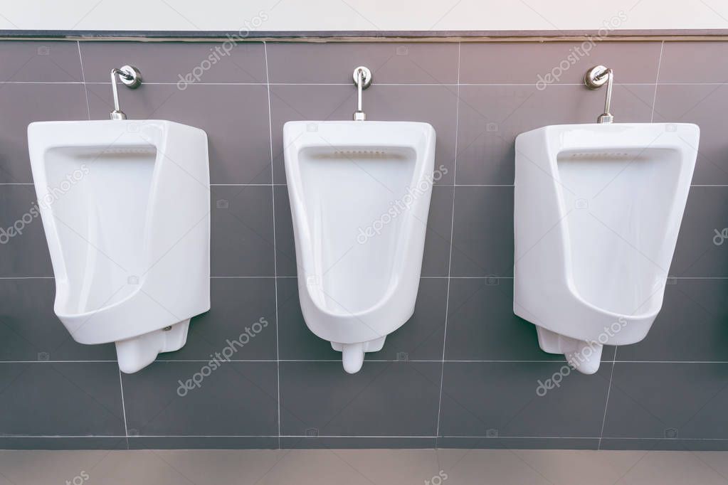Men's room with white porcelain urinals in line. Modern clean pu