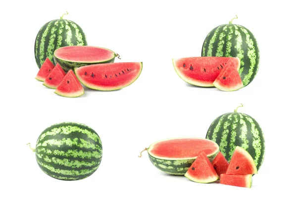 Geïsoleerde Watermeloenen Verzameling Van Hele Gesneden Watermeloenen Vruchten Geïsoleerd Witte — Stockfoto