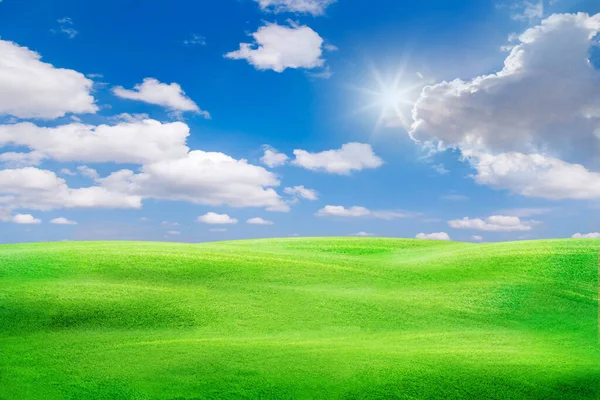 Grünes Feld Und Blauer Himmel Mit Leichten Wolken Bild Von — Stockfoto