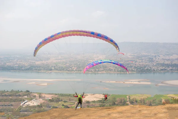 Paraglider Grond Paragliden Vliegen Landschap Vanuit Beautiful View Mekong River — Stockfoto