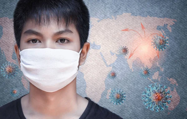 コロナウイルス2019 Ncovアジアのインフルエンザの発生とコロナウイルスの原因となる新しいコロナウイルスの概念 スモッグの街の背景にある仮面の男中国でのウイルスの流行の概念 — ストック写真