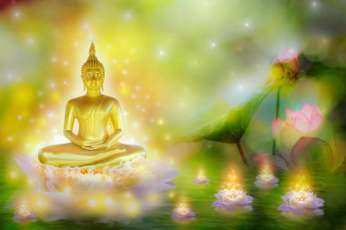 Buda heykeli su lotusu Buddha turuncu arka planda lotus çiçeğinin üzerinde duruyor. Budizm Çin 'de ve Tayland' da birçok Tayland kültüründe popülerdir..
