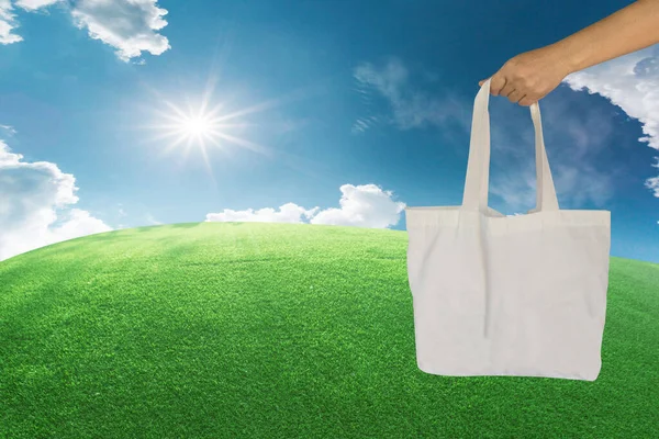 natural cotton tote bag ,cloth bag, reduce amount plastic bags while shopping,creative with illustration progress. Concept reuse to reduce global warming. background of turf and blue sky