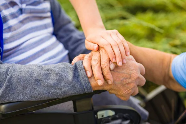 Close Supporting Hand Care Elderly Couple — Stock Photo, Image