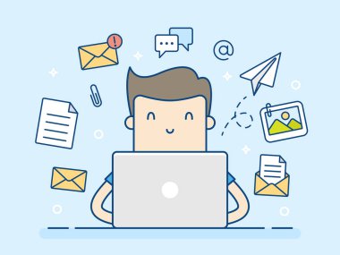 Adam ve Laptop ile e-posta kavramı. 