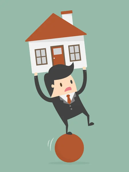 Businessman Balancing On The Ball With House On His Back. — Stock Vector