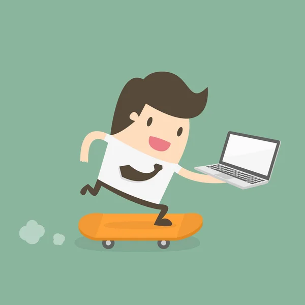 Empresário no skate com laptop . — Vetor de Stock