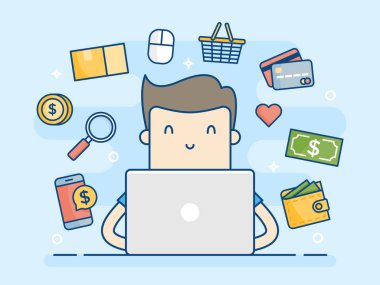 Adam ve Laptop ile e-posta kavramı. E-posta pazarlama. İş kavramı illüstrasyon.