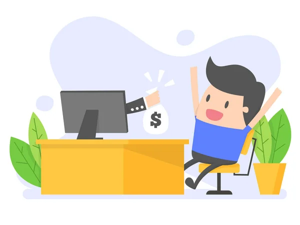 Online inkomen. Man krijgt geld van online business. — Stockvector