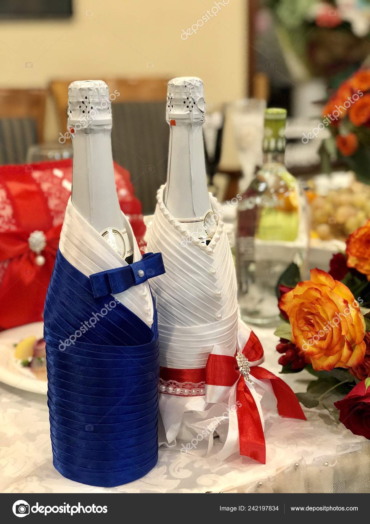 Wedding Decor Orange Red Roses Bottles Candles Table Decoration
