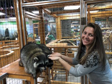 el ile iletişim Hayvanat Bahçesi elinde iki rakunlar yiyin, gülümsemek kadın elinden hayvan beslemek