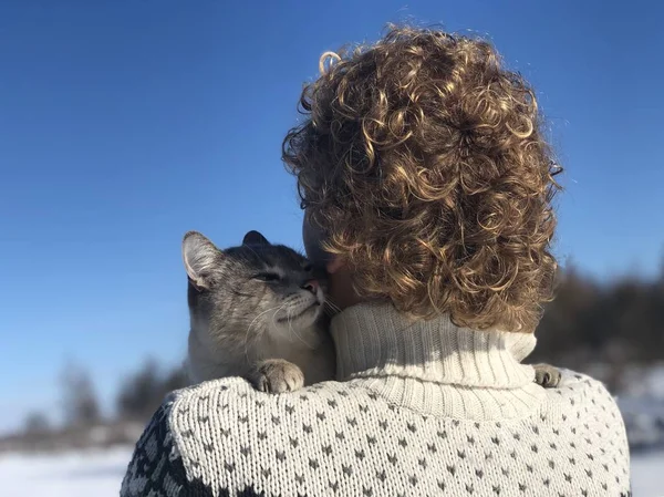 Gato Siamés Blanco Grisáceo Ojos Azules Abraza Con Sonrisa Amor — Foto de Stock