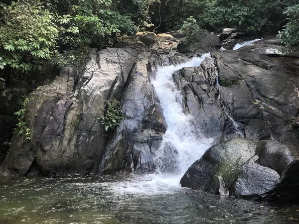 Mały wodospad w dżungli wśród roślinności i skały, przekazując do rzeki — Zdjęcie stockowe