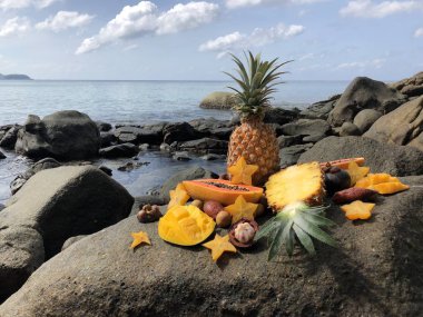 sulu taze Tay mango, ananas, mangosten, bulutlu mavi gökyüzü ve deniz karşı bir taş üzerinde papaya meyve öğleden sonra