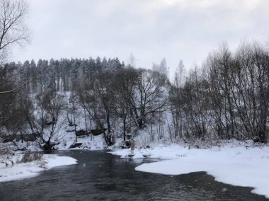 bir günde ıssız bir kış ormanında küçük bir nehir