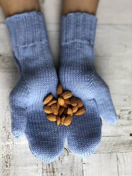 Conjunto de punto a mano azul: sombrero, manoplas, bufanda con bayas de rosa anaranjadas, secas y silvestres, almendras, hierbas . — Foto de Stock