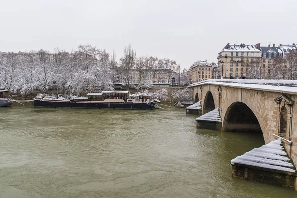 巴黎在雪和洪水下 码头被淹 水下树木 塞纳河在冬天 — 图库照片