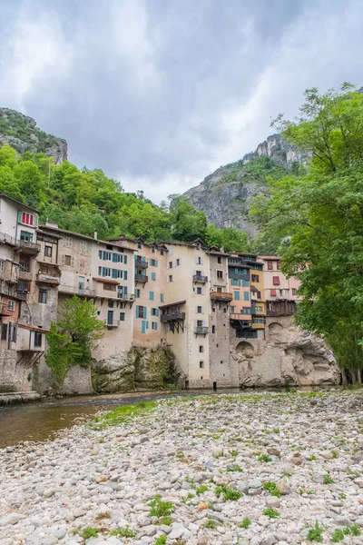 Pont Royans Vercors Typical Colorous Houses Built Cliff River France — стоковое фото