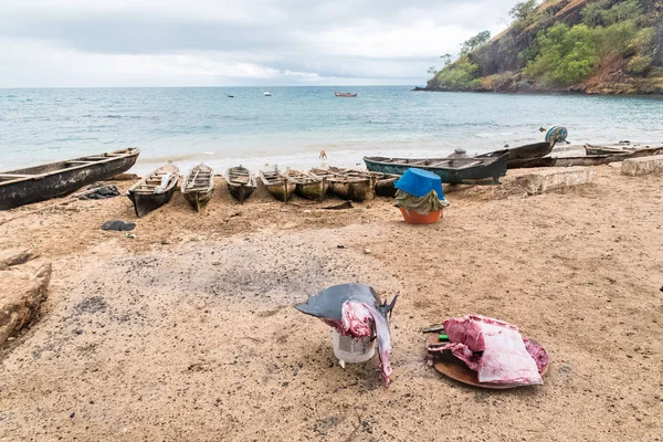 在一个渔村的海滩上 传统的木堆 有一条刚捕捞的箭鱼 — 图库照片