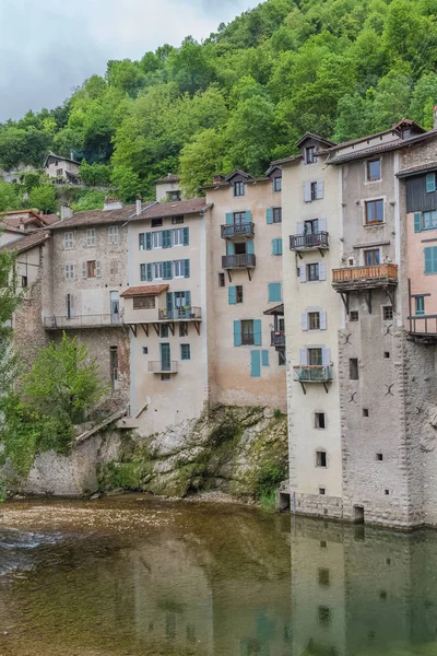 Pont Royans Vercors Typical Colorous Houses Built Cliff River France — стоковое фото