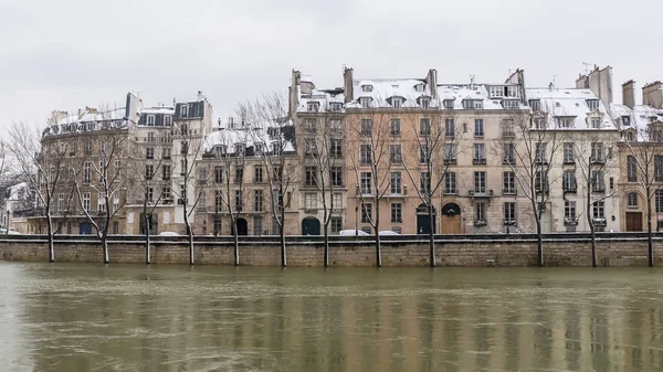 Parigi Sotto Neve Inondazioni Banchine Allagate Alberi Sott Acqua Senna — Foto Stock