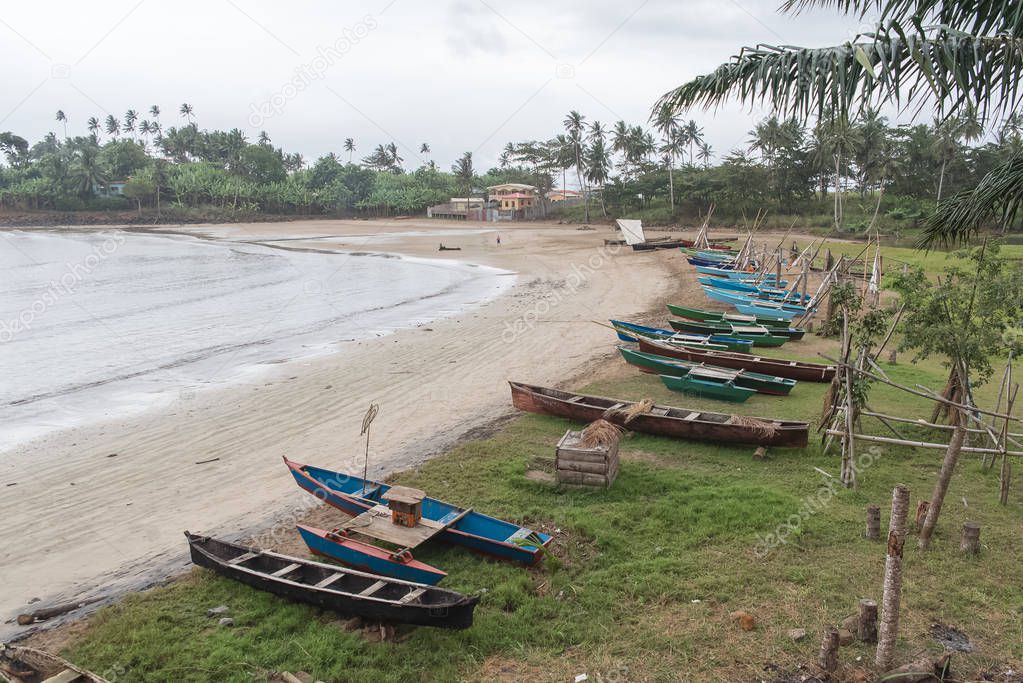 Sao Tome, dugouts on the beach in fishermen's village