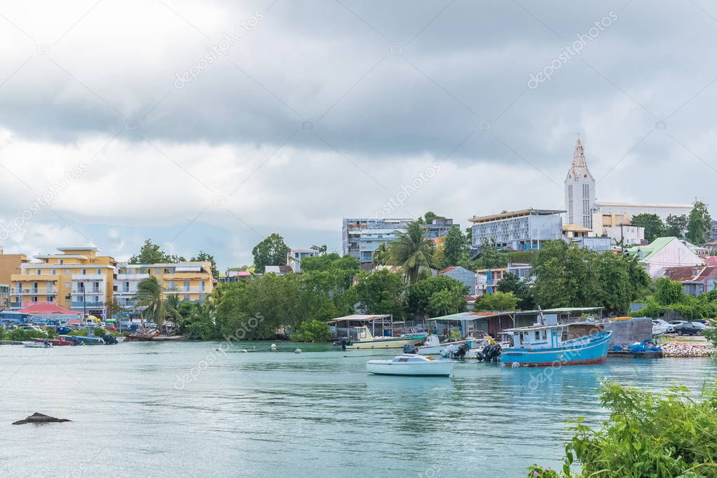 Guadeloupe, Pointe  Pitre city, panorama of the harbor from the sea, with Massabielle church in background