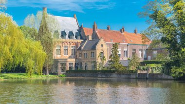     Bruges Belçika, bir söğüt ağacı ile kanal güzel tipik evler 