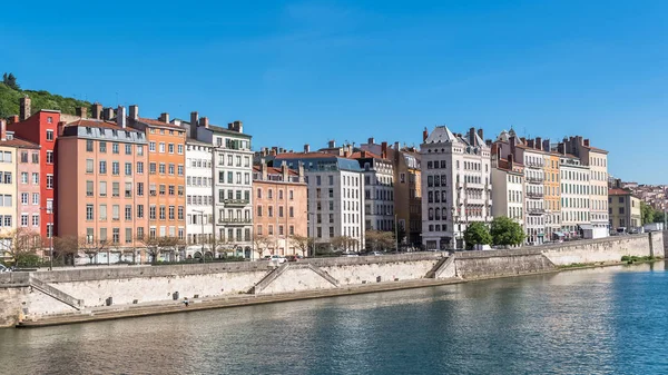 Vieux Lyon Beautiful Facades Quay Colorful Houses Center River Saone — Stock Photo, Image