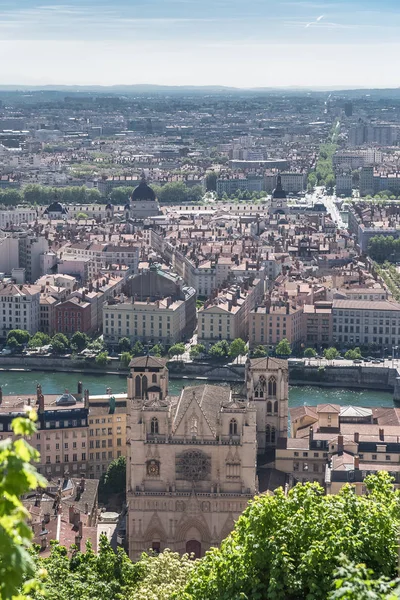 Lyon Flygfoto Färgglada Hus Broar Och Torn Stadens Gamla — Stockfoto