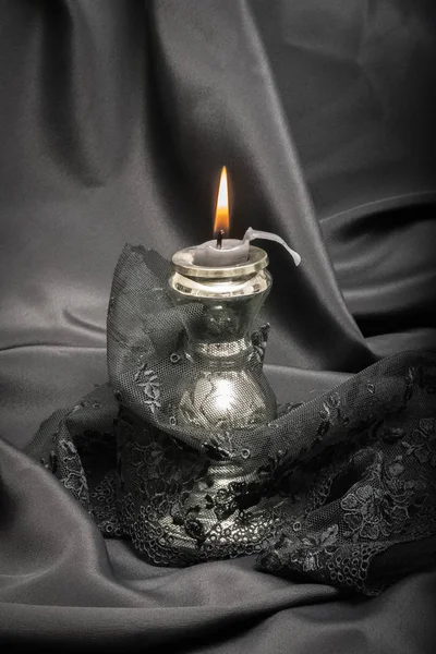 Vintage Candlestick Candle Which Burns Lace Piece — Stock Photo, Image