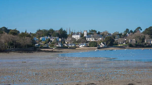 Bretanha Ilha Ile Aux Moines Praia Maré Baixa Vista Aldeia — Fotografia de Stock