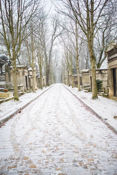 Кладбище Надгробия Тропинка Дорога Покрыта Снегом Деревья Зимой Pere Lachaise — стоковое фото
