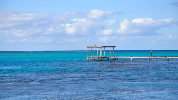Modrá Oceán Vody Dřevěné Molo Francouzské Polynésii Moorea — Stock fotografie