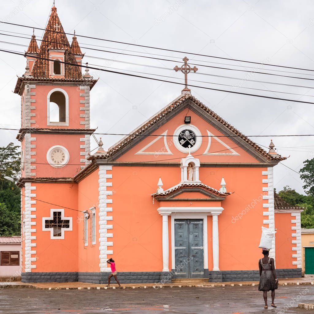 Sao Tome, Notre-Dame church, small colorful church  in the capital, in a rainy day 