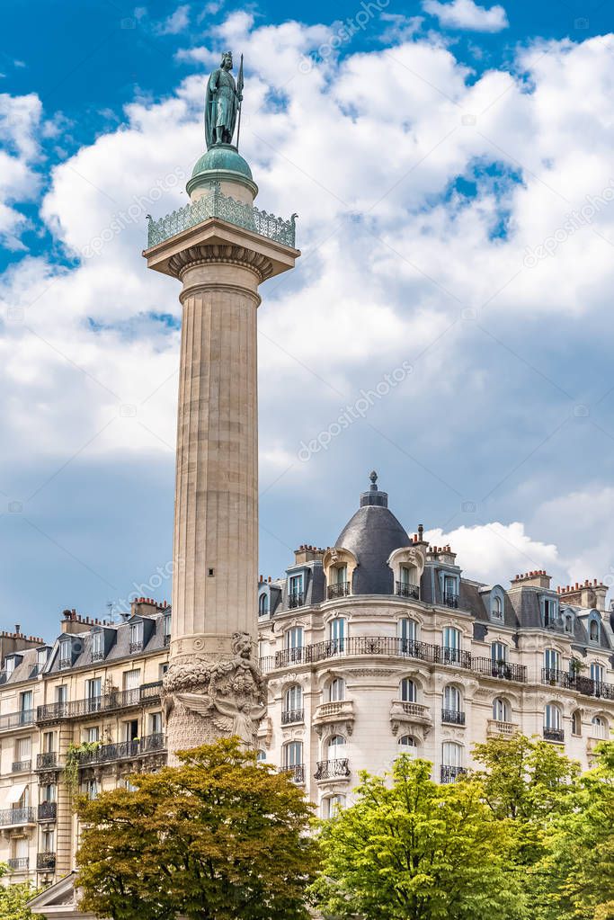 Paris, place de la Nation, typical buildings and the column and statue