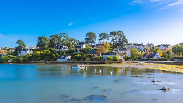 Brittany, Ile aux Moines Adası Morbihan Körfezi, tipik liman ve köyü, düşük tide 