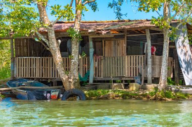 Kosta Rika, nehirde Tortuguero, mangrov yaban hayatı üzerinde tipik ev