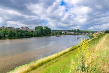 Fransa 'da Amboise Kalesi, güzel Fransız mirası, baharda Loire nehri ile Panorama
