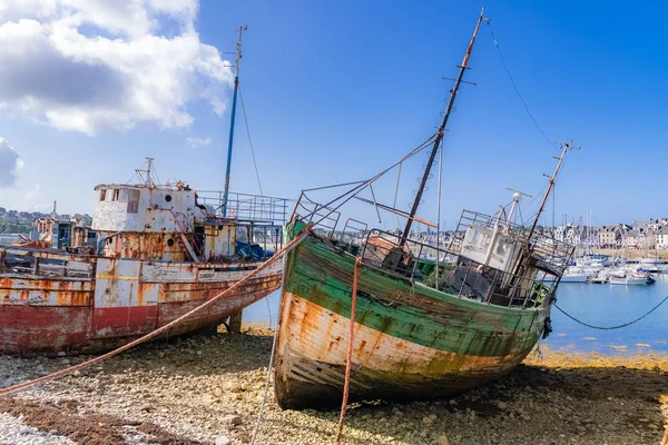 Camaret Sur Mer Bretanha Cemitério Barcos Porto Com Cidade Segundo — Fotografia de Stock