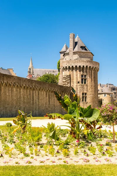 Vannes Oude Huizen Wallen Tuin Met Kathedraal Achtergrond — Stockfoto