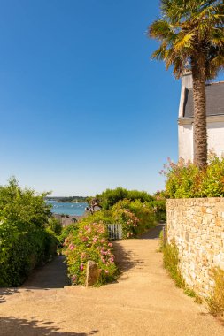 Brittany, Ile aux Moines adası Morbihan körfezinde, köydeki tipik evler