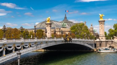 Paris, Alexandre III köprüsü Seine 'de, arka planda Grand Palais var.