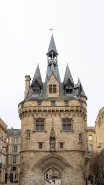 Fransa 'da Bordeaux, merkezde Cailhau kapısı, tipik sokak ve anıt.