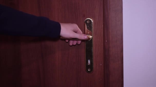 Рука открывает дверь с зеленым экраном за ней — стоковое видео