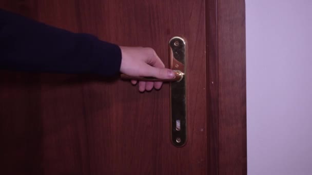 Una mano abre la puerta con la pantalla verde detrás — Vídeo de stock