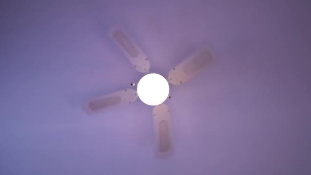 El ventilador de techo gira rápidamente con la lámpara encendida — Vídeo de stock