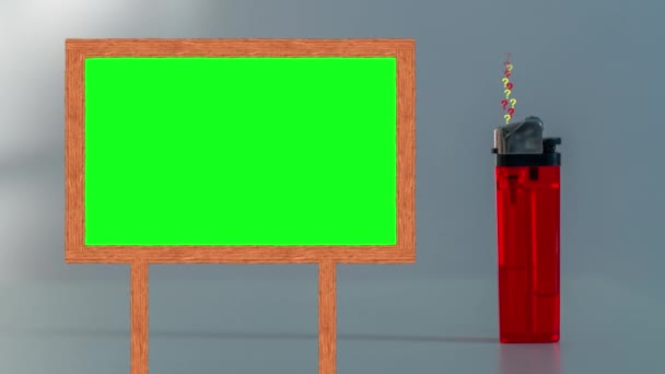 Рамка с зеленым экраном рядом с зажигалкой, из которой появляются вопросительные знаки — стоковое видео