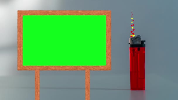 Πλαίσιο με πράσινη οθόνη δίπλα σε έναν αναπτήρα από τον οποίο χρωματιστές καρδιές βγαίνουν — Αρχείο Βίντεο