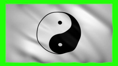 Yeşil ekranda siyah beyaz bayrak üzerinde krom anahtar için Yin Yang sembolü.